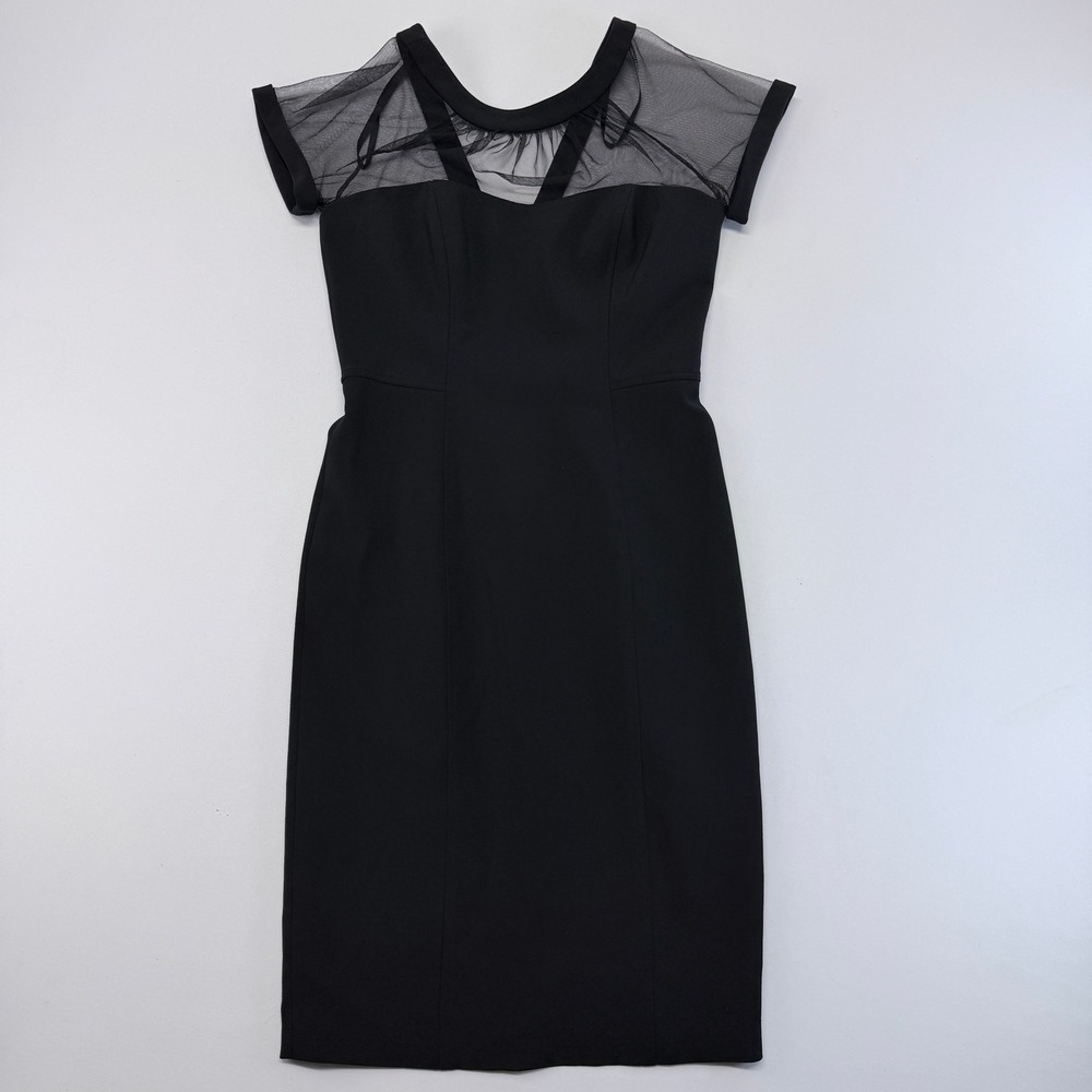 Maggy London Petites Black Mesh Illusion Sheath Dress Size 8P Cap Sleeve LBD